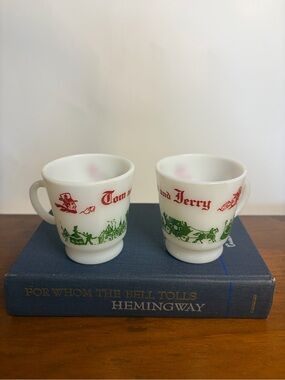 Tom and Jerry White Milk Glass Mugs with Red and Green Prints - Set of 2